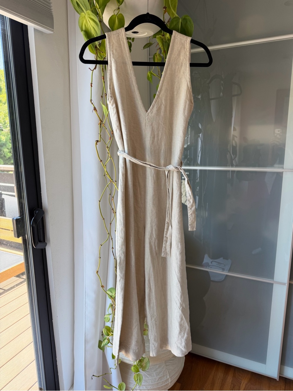 Elizabeth Suzann Mara Flax Linen Sleeveless V-Neck Jumpsuit with Waist Tie